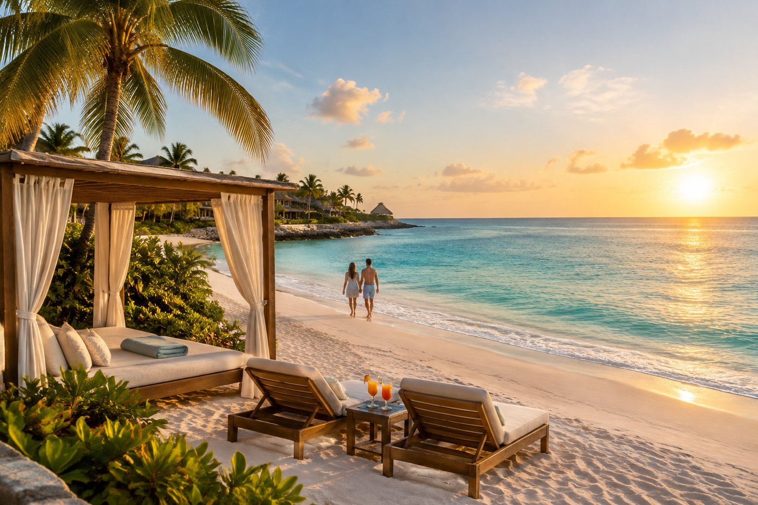 A romantic beachfront resort with a private cabana, tropical palms, turquoise water, and a couple walking along the shore.