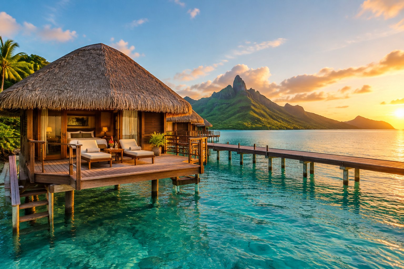 A secluded overwater villa above a turquoise lagoon with distant green mountains and tropical scenery.
