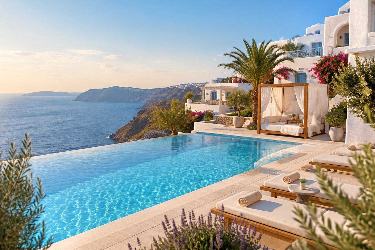A luxurious Greek island honeymoon resort with a whitewashed building, infinity pool, and views of the blue Aegean Sea.