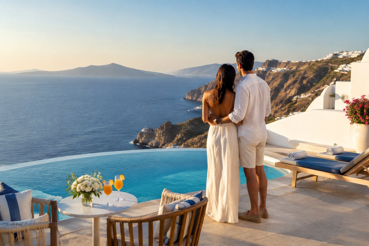 A newlywed couple overlooks the blue Aegean Sea from a luxury Greek resort terrace.