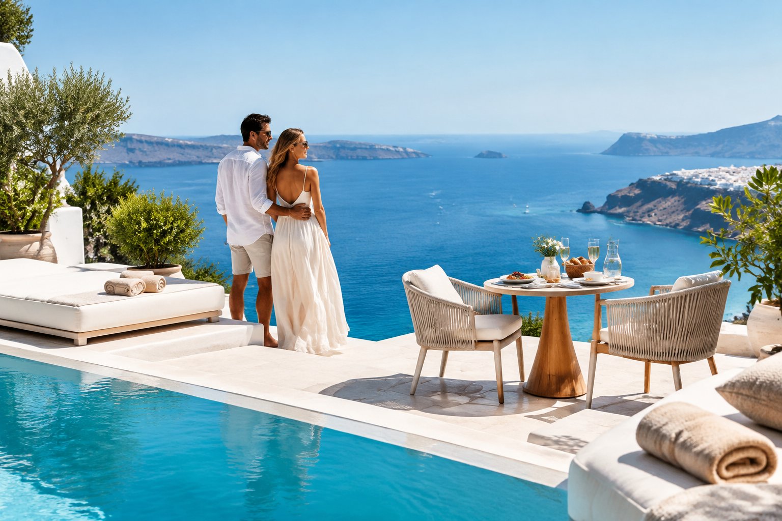 A newlywed couple overlooks the Aegean Sea from a whitewashed Greek island resort terrace.