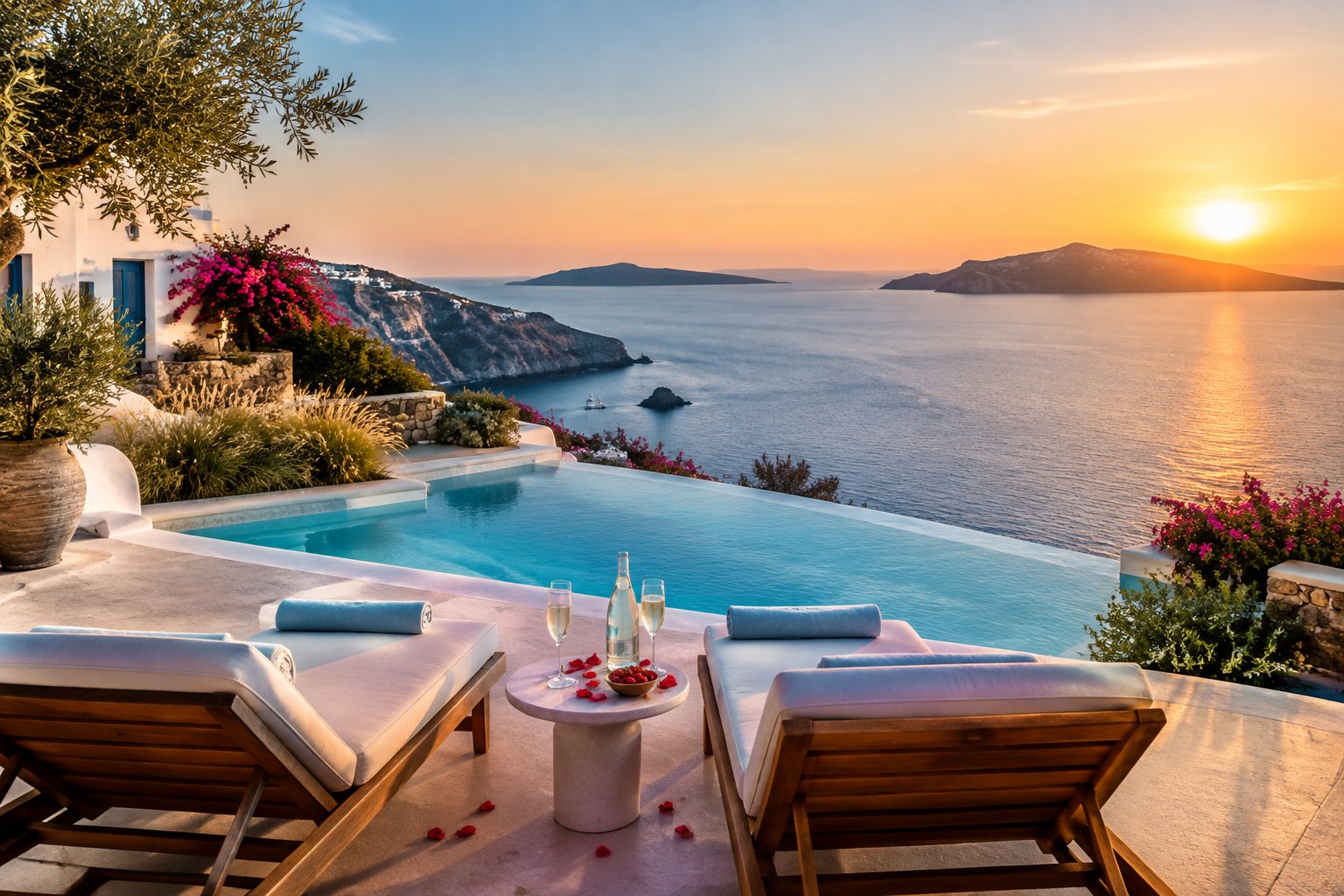A luxury Greek island resort overlooking the calm blue Aegean Sea at sunset, with lounge chairs and a romantic table setting by an infinity pool.
