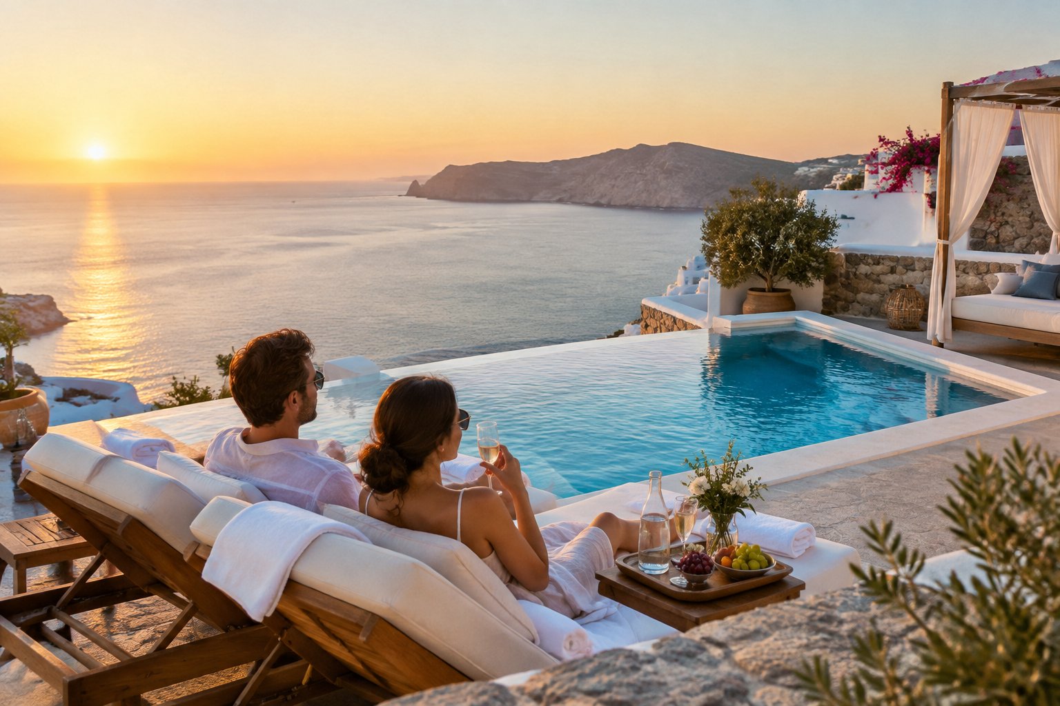 A couple relaxes on a private terrace at a Greek seaside resort with an infinity pool and views of the Aegean Sea.