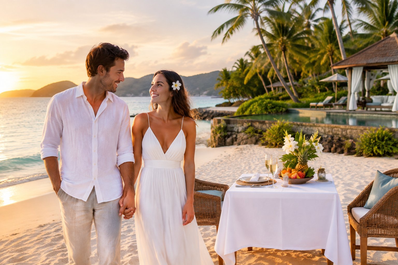 A newlywed couple holding hands on a tropical Thai beach beside a romantic table for two.
