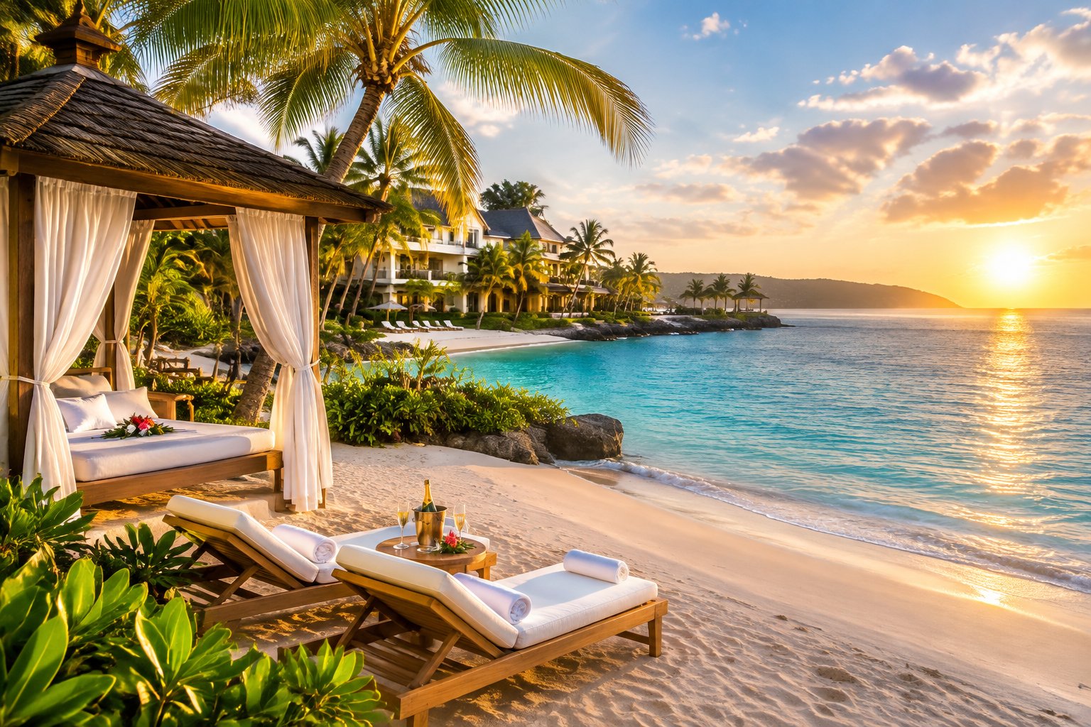 A luxurious Jamaican beachfront resort with a private cabana, palm trees, white sand, and turquoise Caribbean water.
