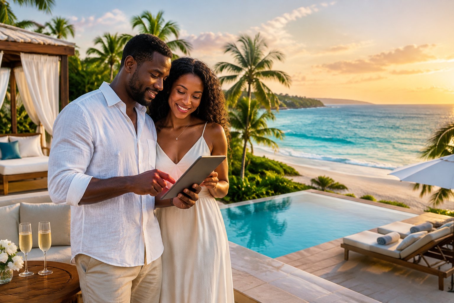 A newlywed couple compares resort options on a tropical Jamaican beach overlooking a luxurious all-inclusive resort.