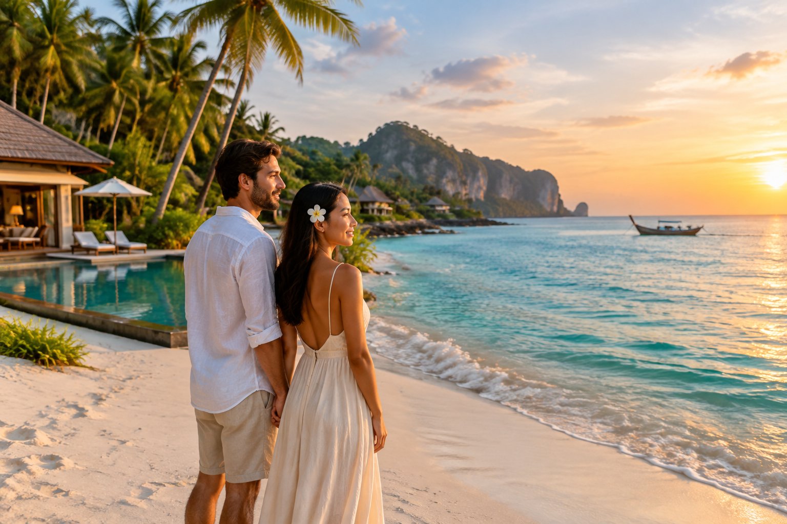 A newlywed couple stands on a tropical Thai beach beside a luxury resort and infinity pool.