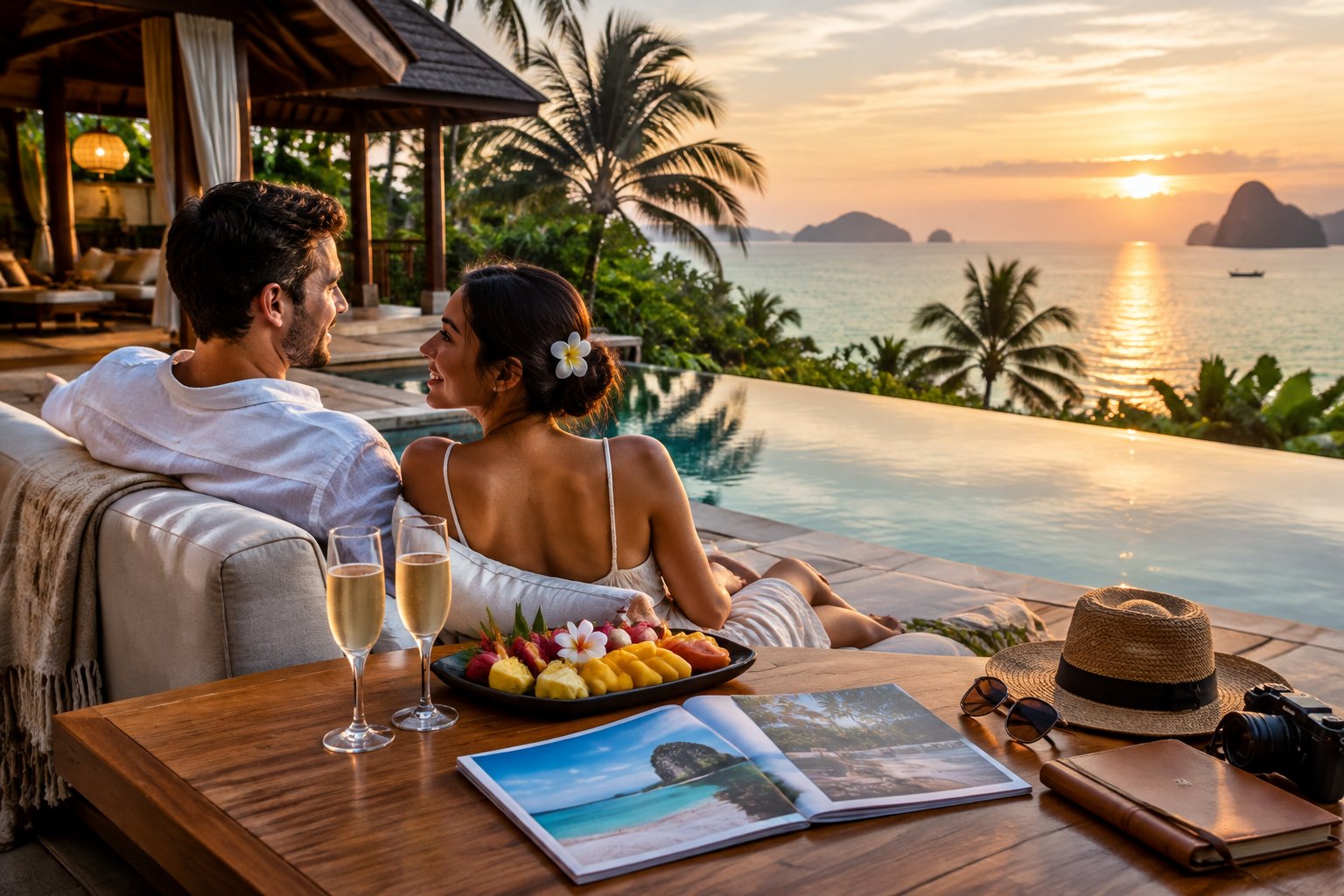 A newlywed couple compares resort options on a private terrace overlooking a tropical Thai beach.