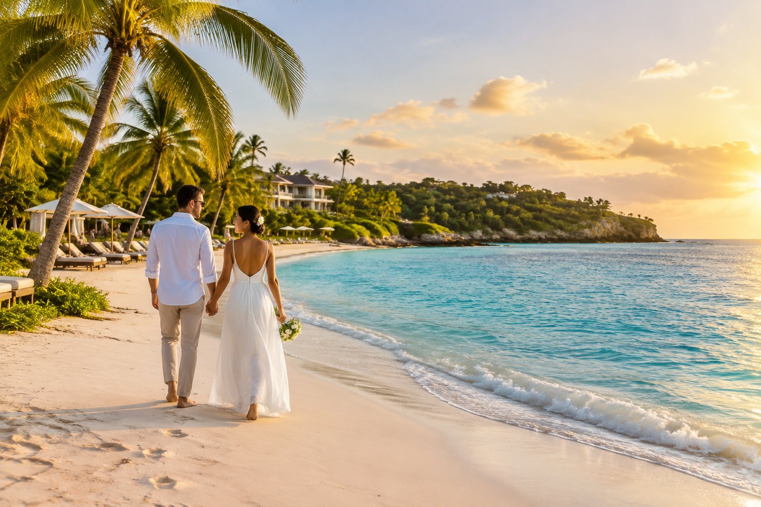 A newlywed couple walks along a tropical Jamaican beach near a beachfront resort.