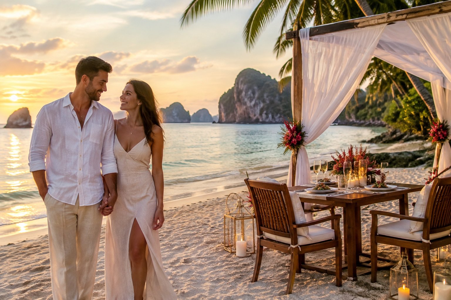 Newlywed couple enjoying a candlelit beachfront dinner at a tropical Thai resort.