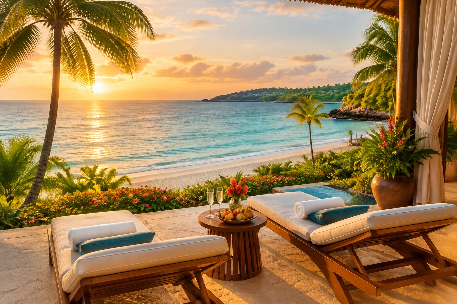 A luxurious Jamaican beach resort terrace overlooks turquoise Caribbean water, white sand, and lush tropical greenery.