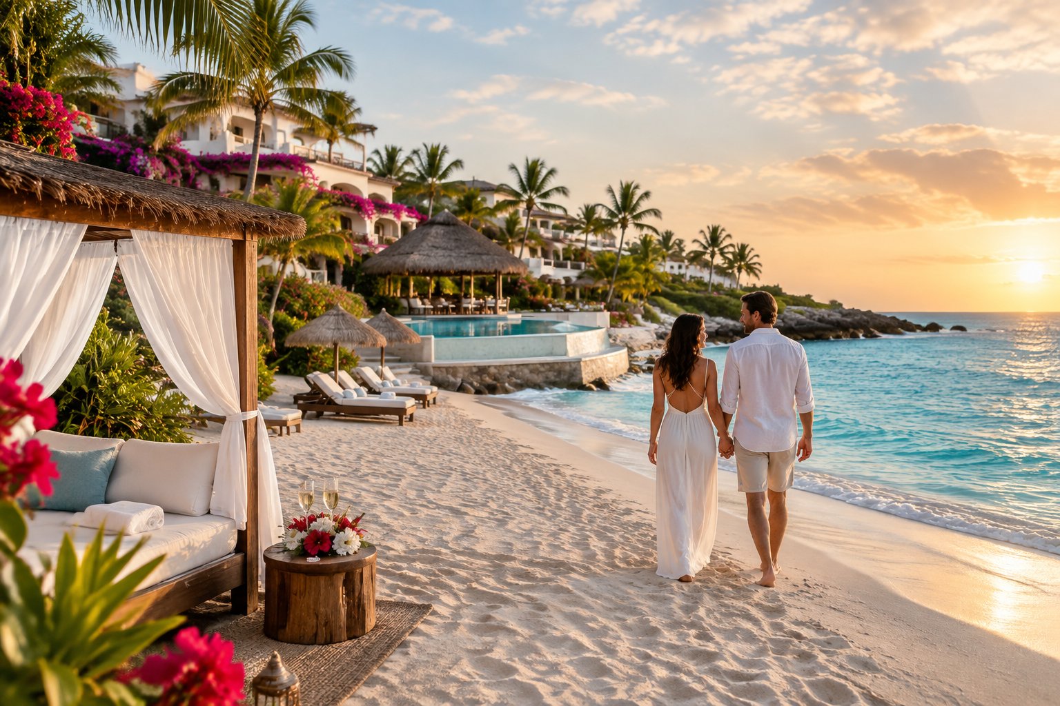 A couple walks along a sandy beach at a luxurious Mexican resort beside turquoise water and palm trees.
