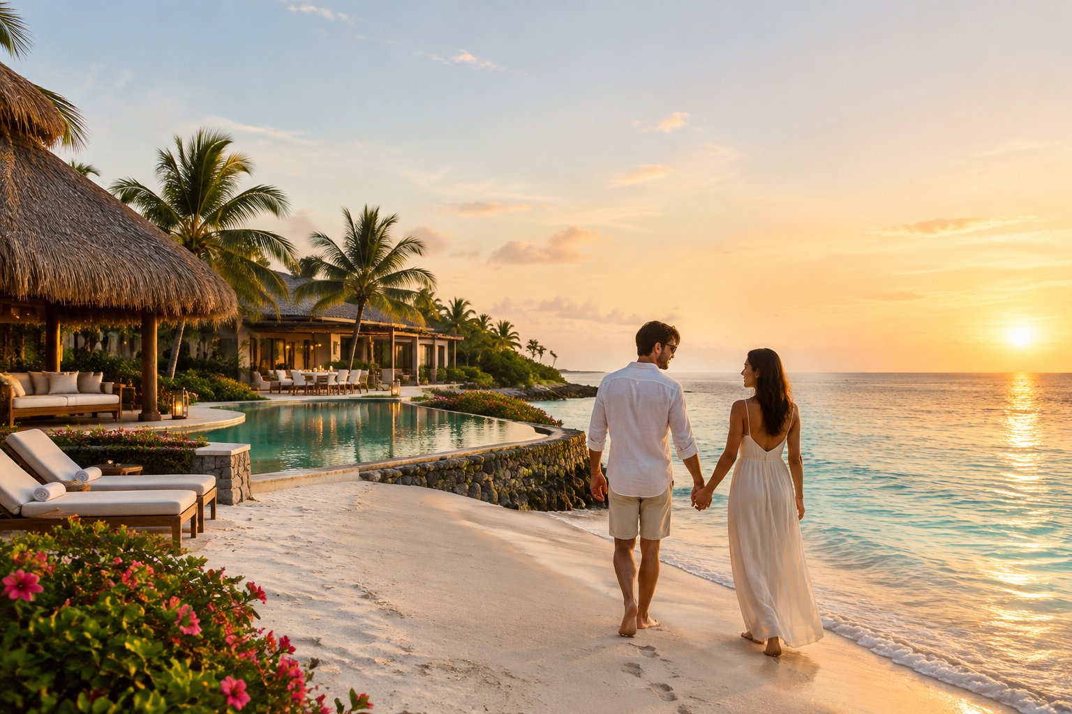 Newlywed couple walking along a tropical beach beside a luxury resort in Mexico.