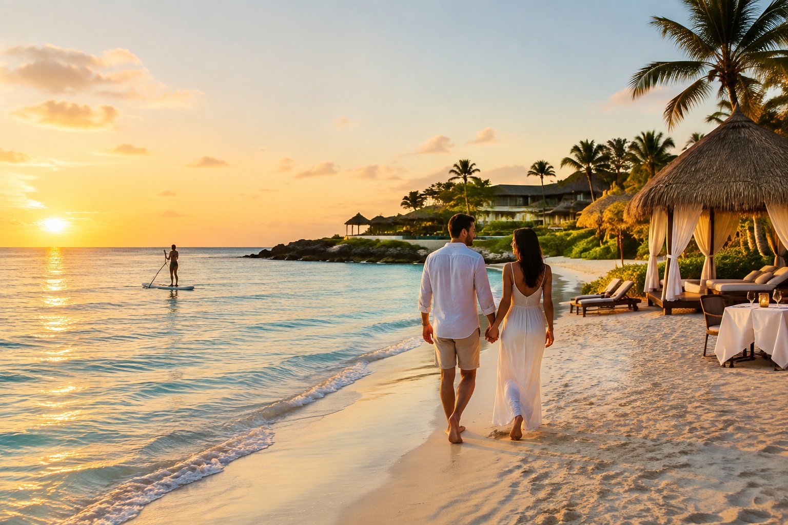 A couple walks hand in hand along a tropical beach beside a luxury resort in Mexico.
