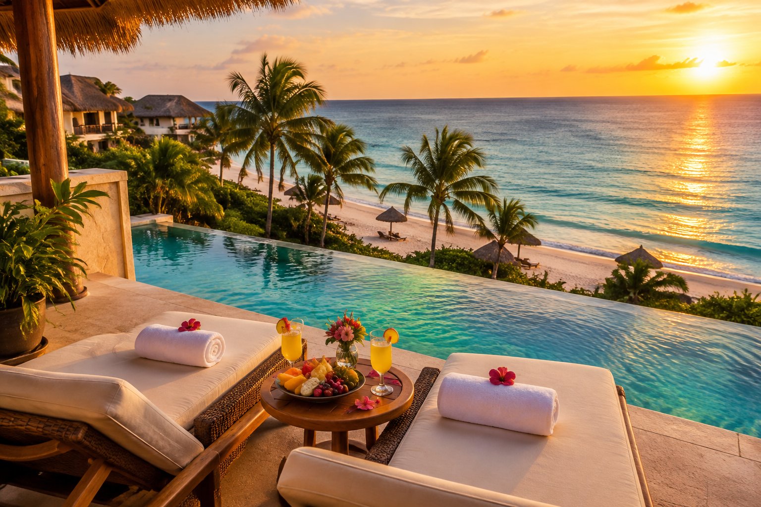 A luxurious Mexican beachfront resort with a private pool, palm trees, and a romantic honeymoon setup overlooking turquoise water.