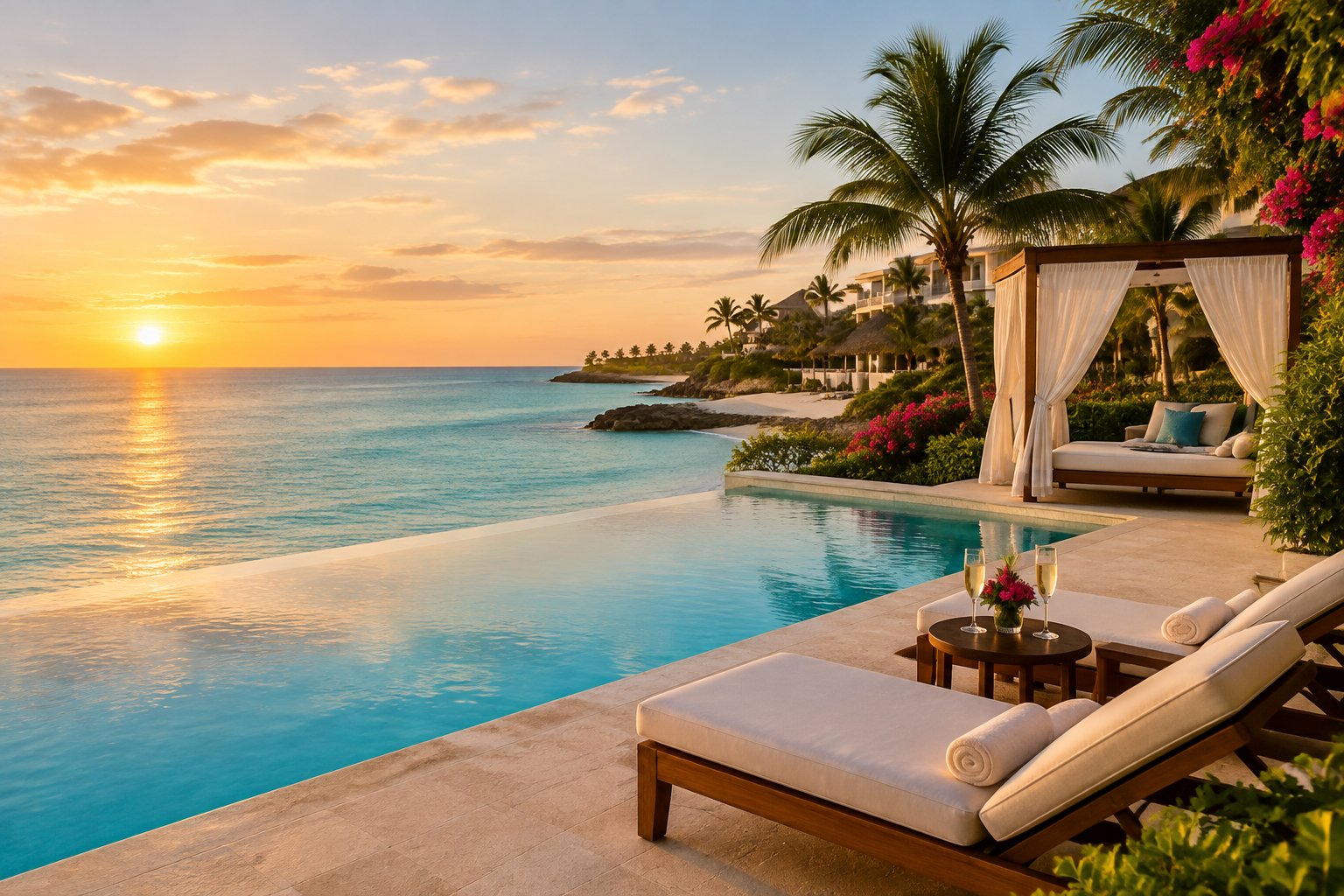 A romantic Mexican resort with an infinity pool, tropical landscaping, and a beachside cabana overlooking turquoise water.