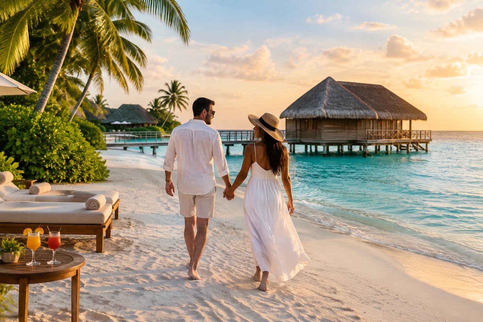 Newlywed couple walking hand in hand along a tropical beach beside a luxurious resort.