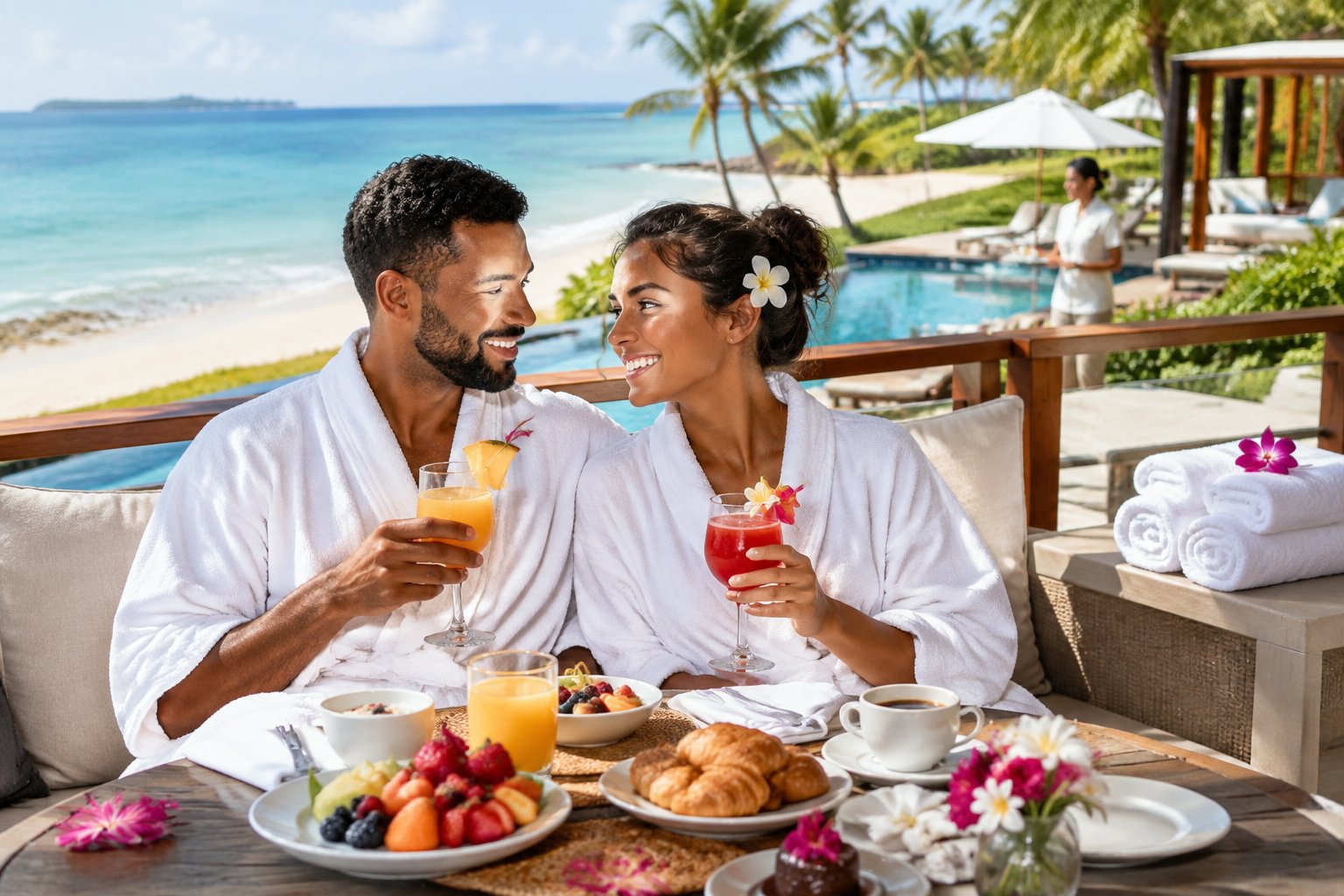 Newlywed couple enjoying breakfast and tropical drinks on a luxury resort terrace overlooking the ocean.