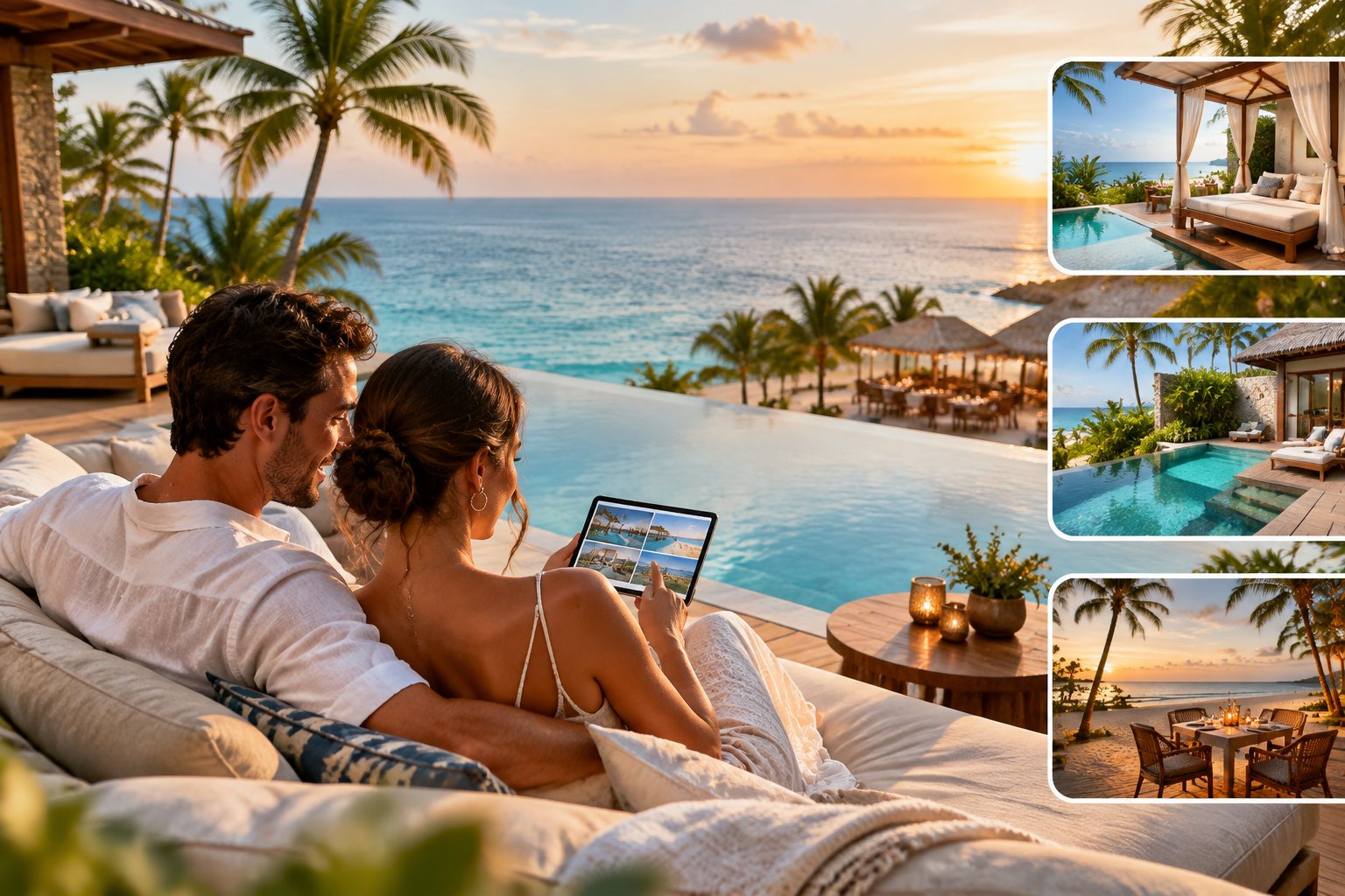 A newlywed couple relaxes on a luxury tropical resort terrace overlooking the ocean.