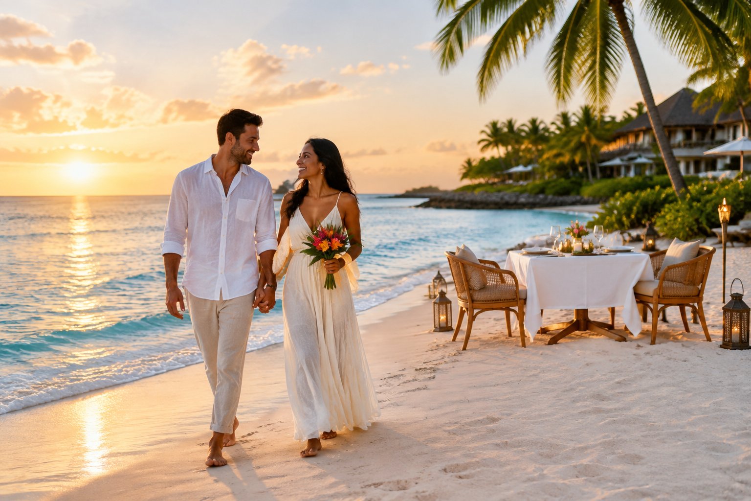 Newlywed couple walking hand in hand along a tropical beach beside a romantic dinner table.