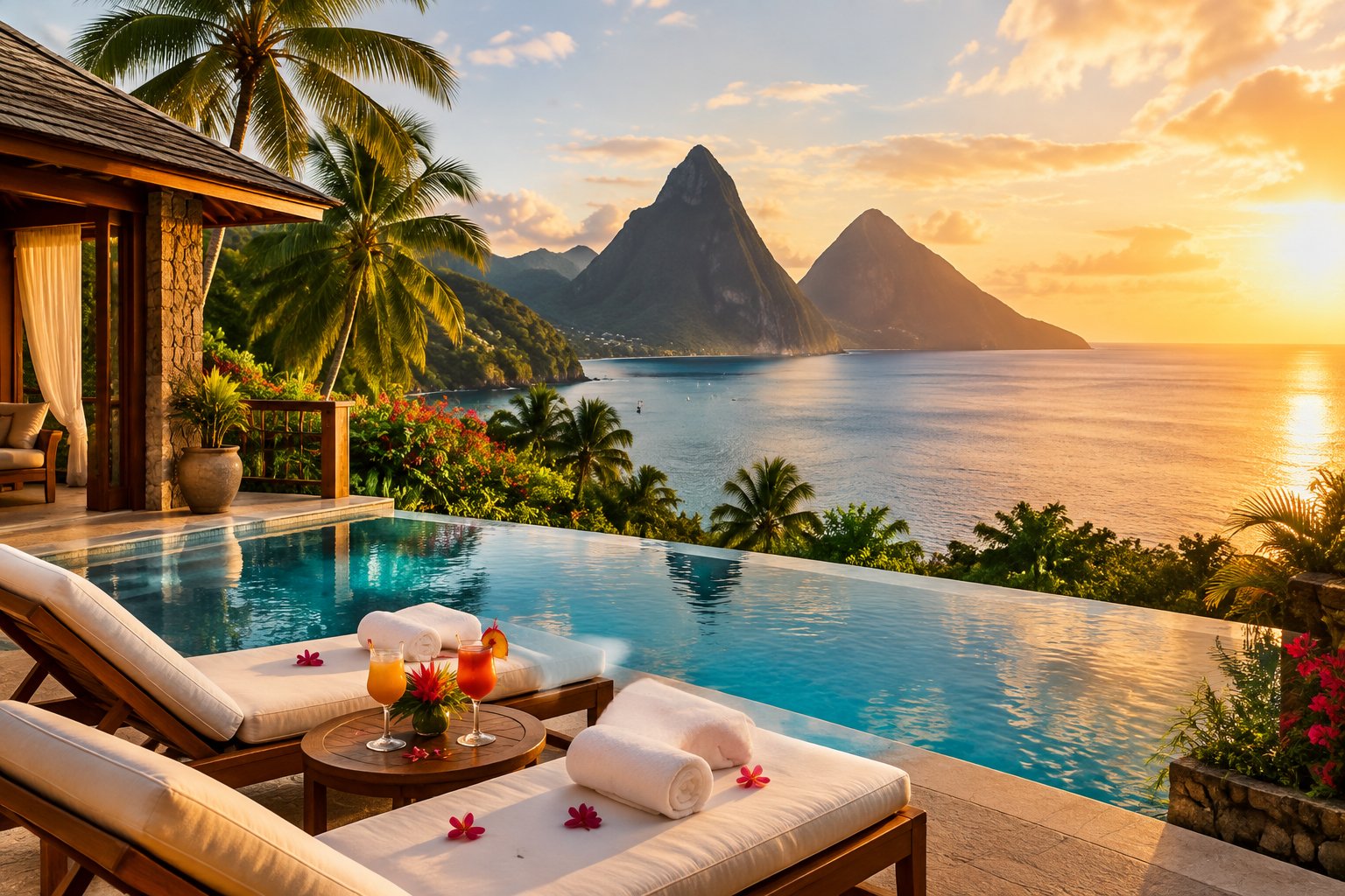 A luxury beachfront resort in Saint Lucia with an infinity pool, tropical greenery, turquoise sea, and the Pitons in the distance.
