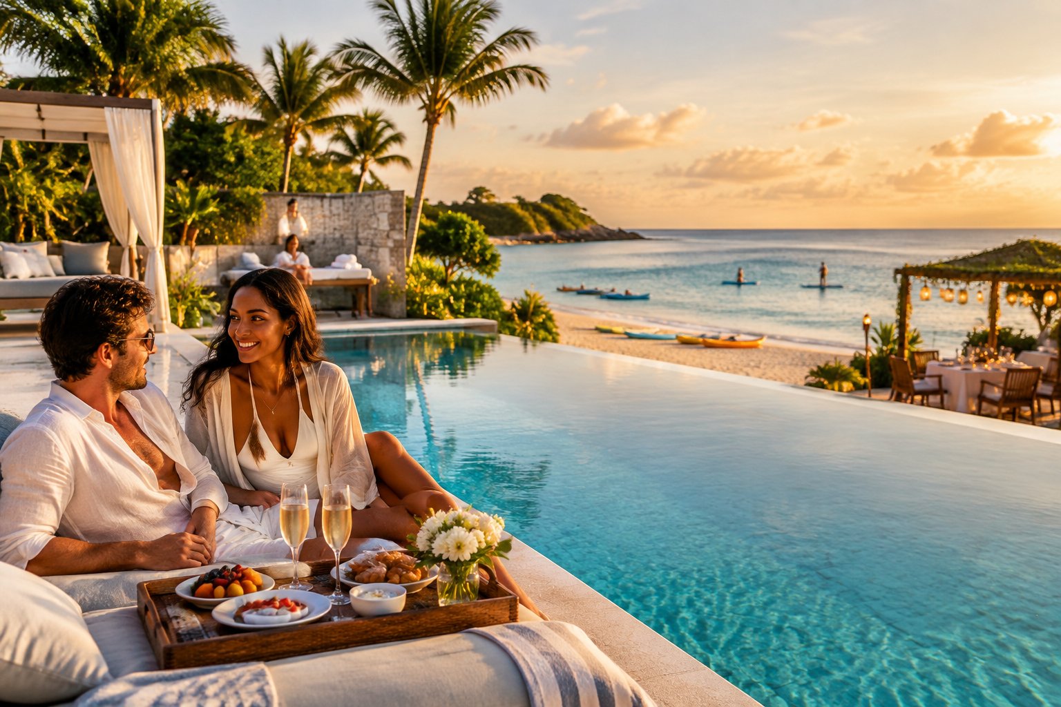 Newlywed couple relaxing at a luxurious tropical resort beside an infinity pool overlooking the ocean.