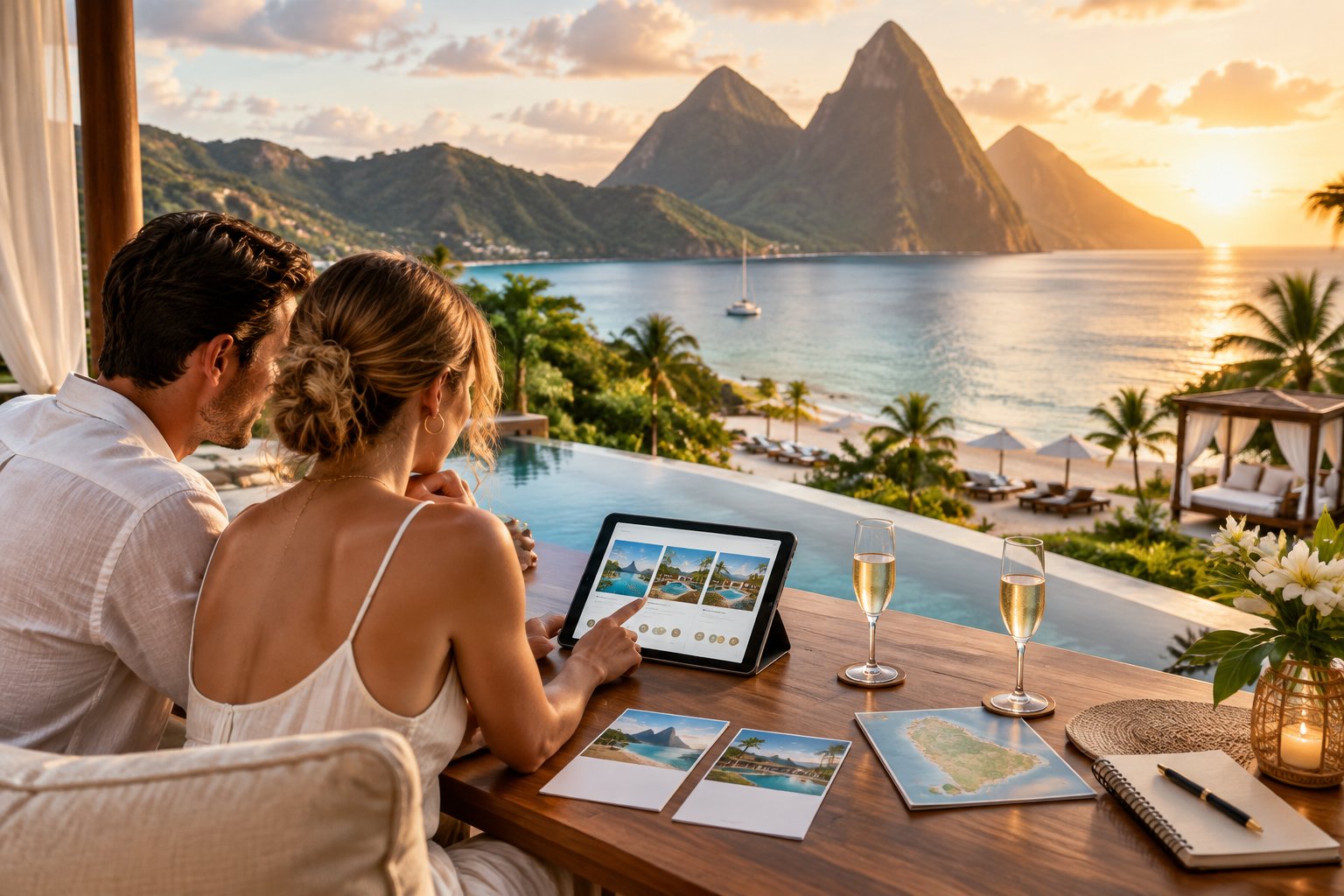 A couple compares honeymoon resort options on a balcony overlooking a tropical Saint Lucia beach and the Pitons.