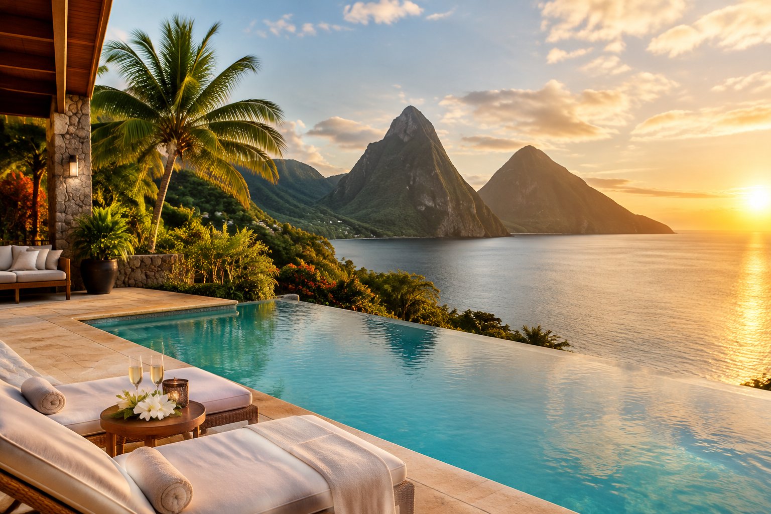 A luxurious Saint Lucia resort terrace overlooks turquoise water and the green Pitons at sunset.
