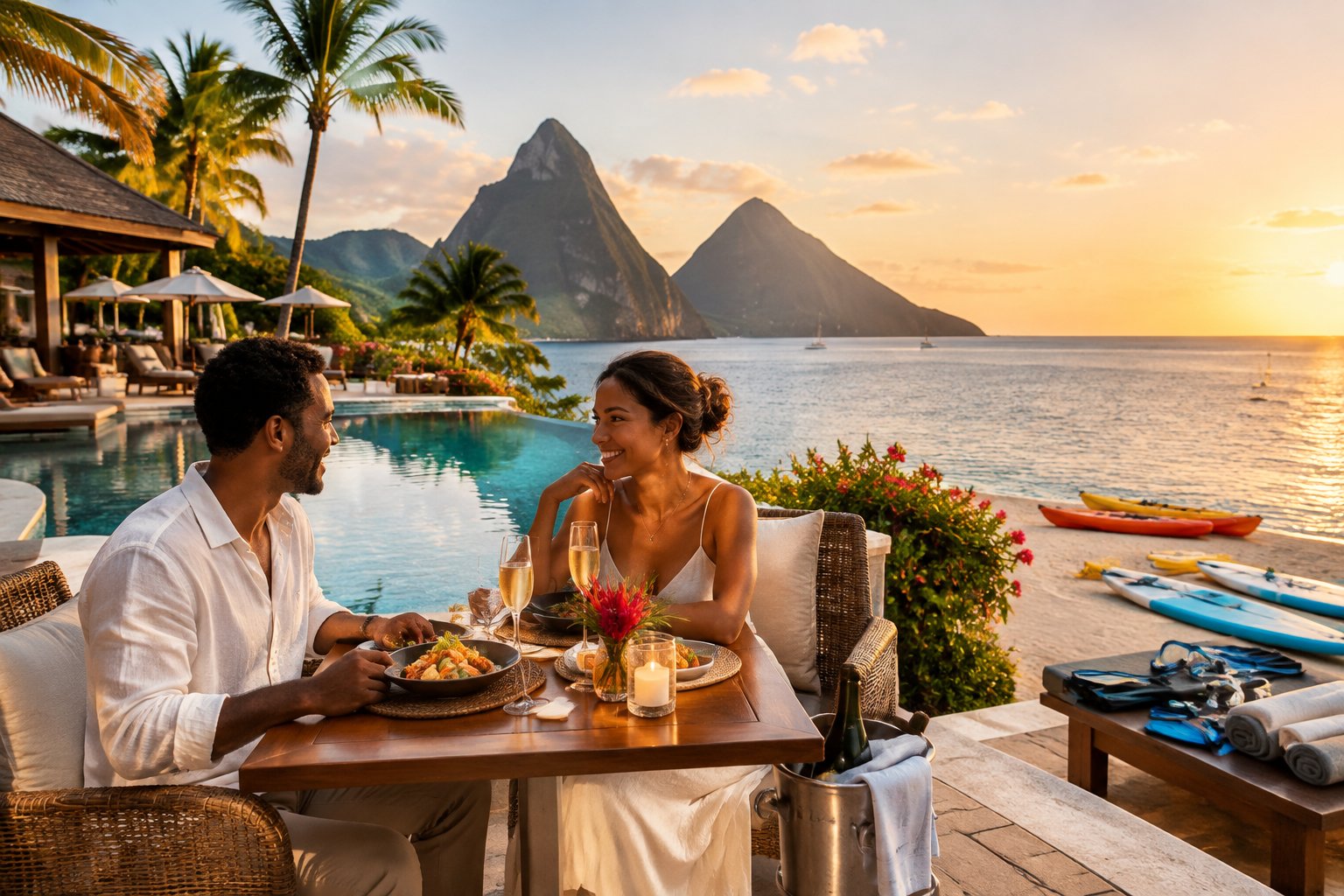 A couple enjoys a romantic beachfront resort with an infinity pool, outdoor dining, and watersports in Saint Lucia.