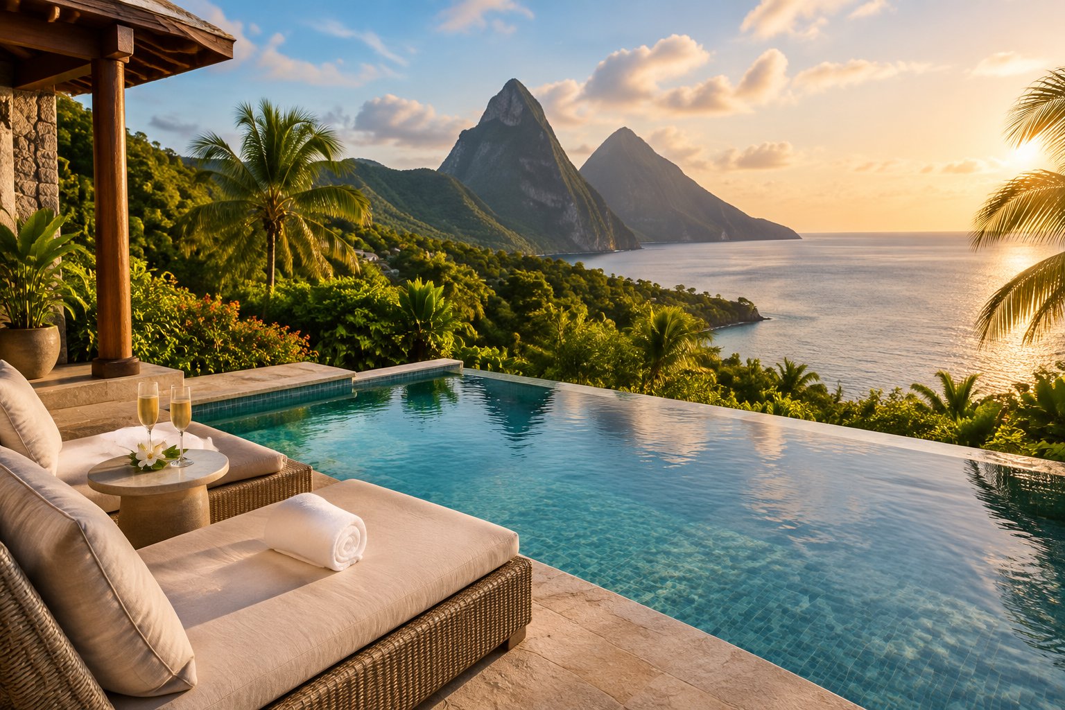 A secluded luxury villa with a private infinity pool overlooking lush greenery and the Caribbean Sea.