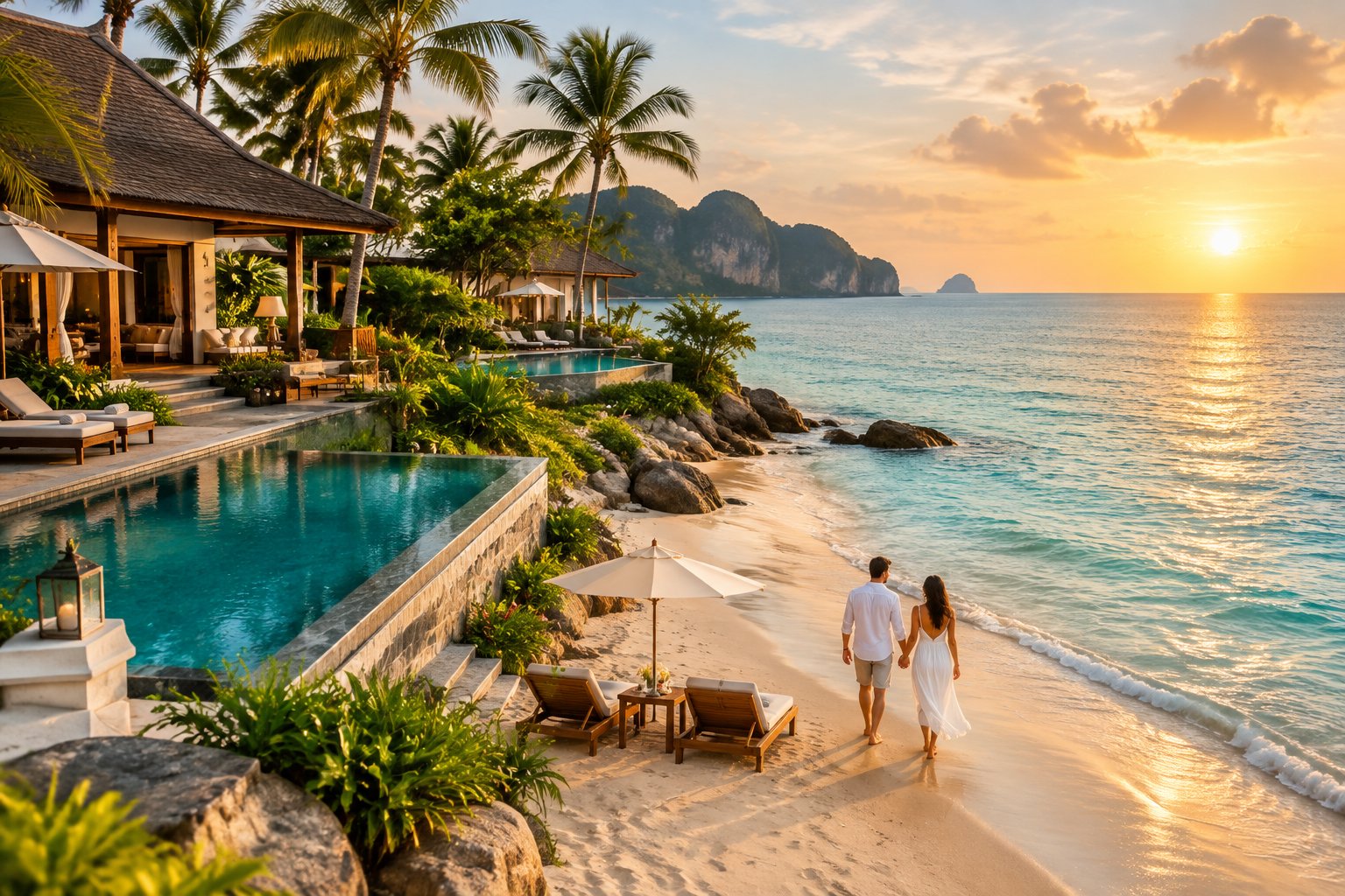 A newlywed couple walks along a tropical beach beside a luxurious Thai resort.