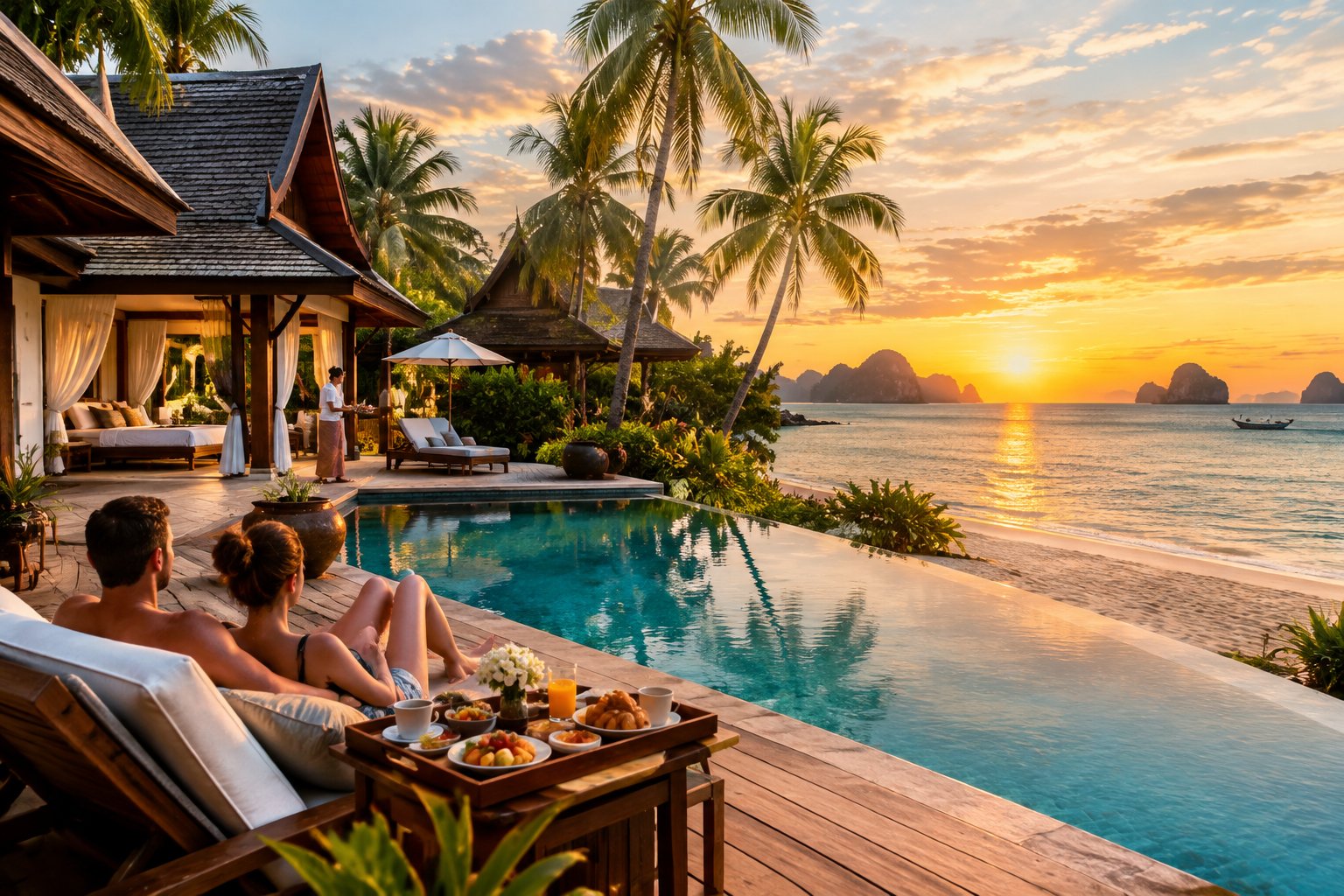 A newlywed couple walks along a tropical Thai beach beside a luxury resort and infinity pool.