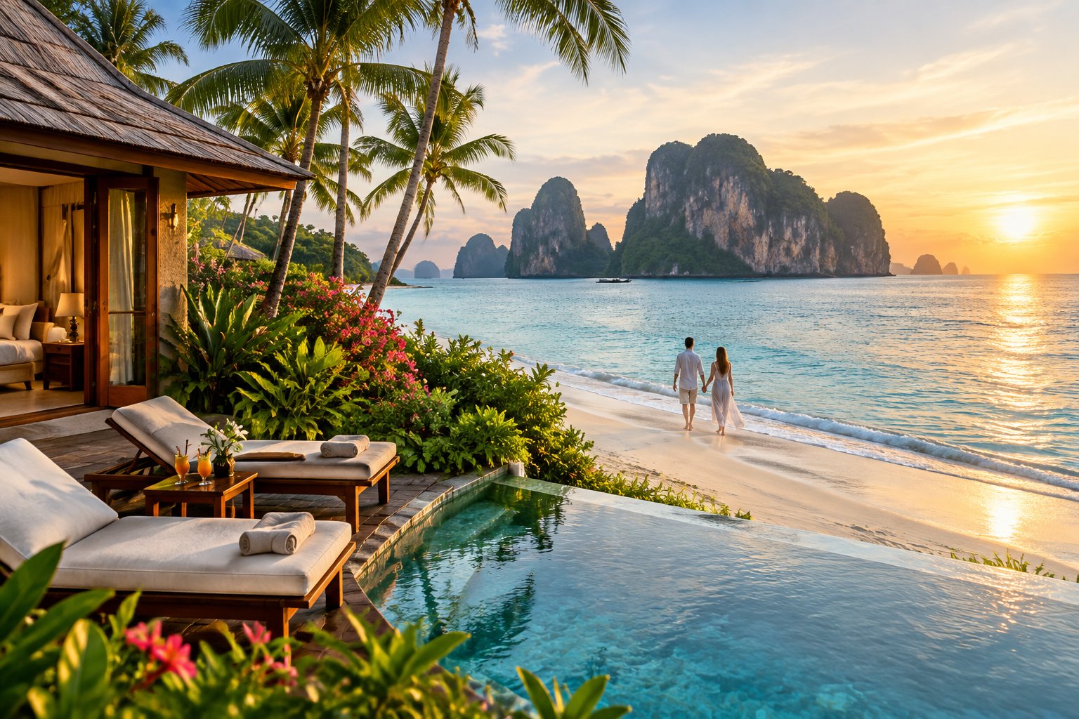 A couple walks along a tropical beach beside a luxury resort, with turquoise water and limestone islands in the background.