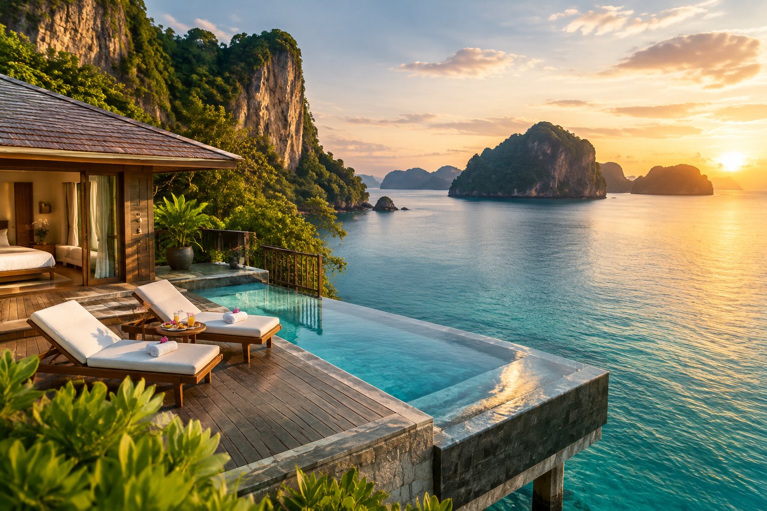 A secluded luxury villa with a private pool overlooking a tropical sea, cliffs, and forested islands.