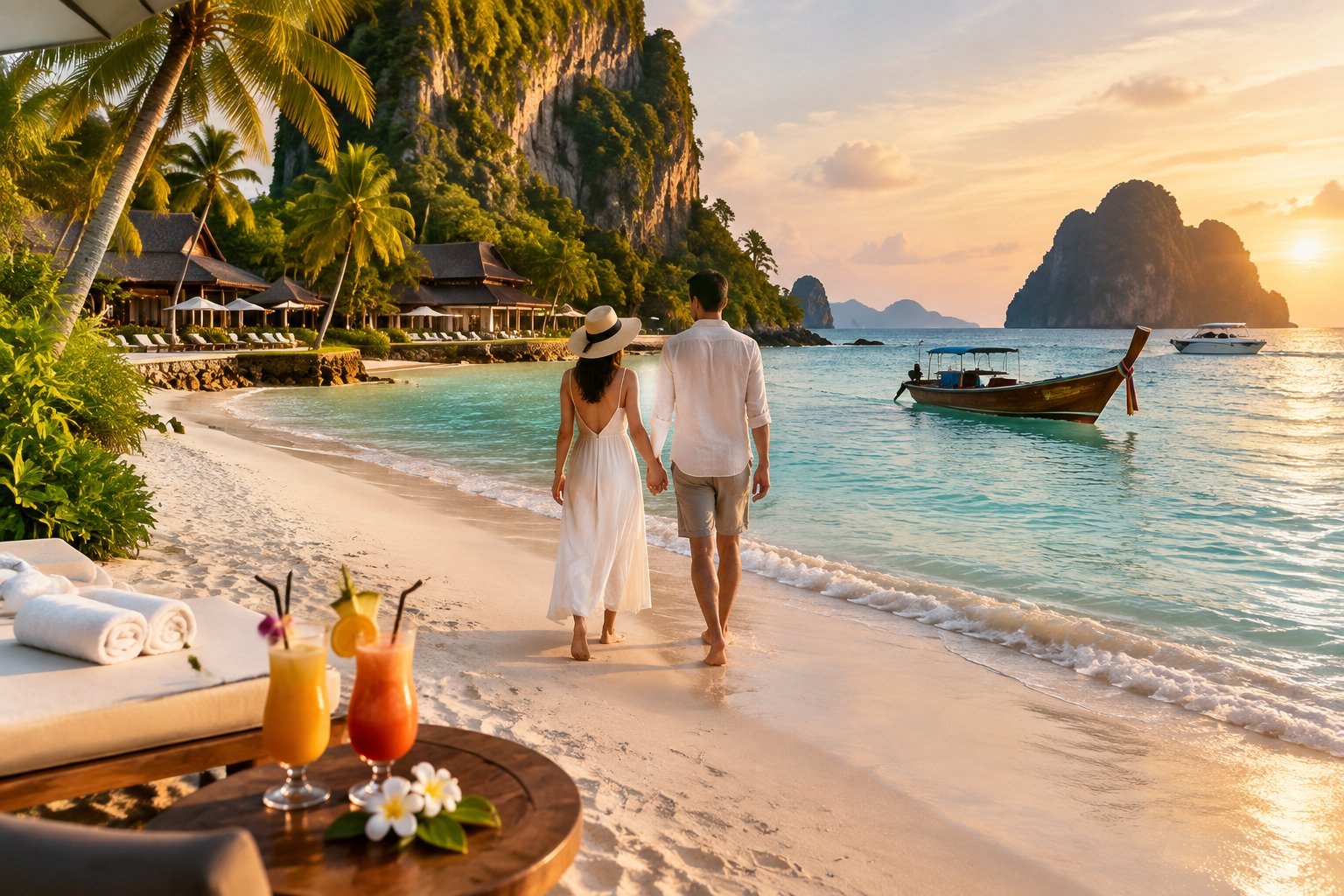 A couple walks hand in hand along a tropical beach toward a luxury resort, with boats, islands, and limestone cliffs in the distance.