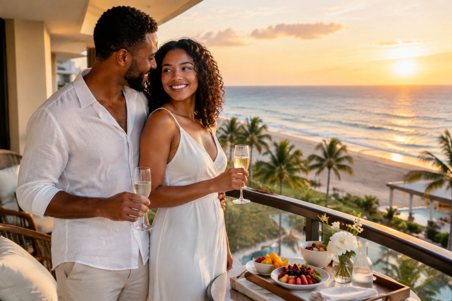 Newlywed couple relaxing together on a resort balcony overlooking a beach in the United States.