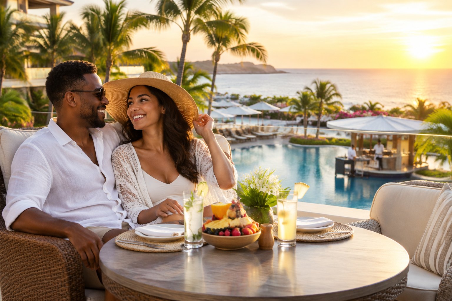 A newlywed couple relaxes on a luxury resort terrace beside a pool with an outdoor table set for two.
