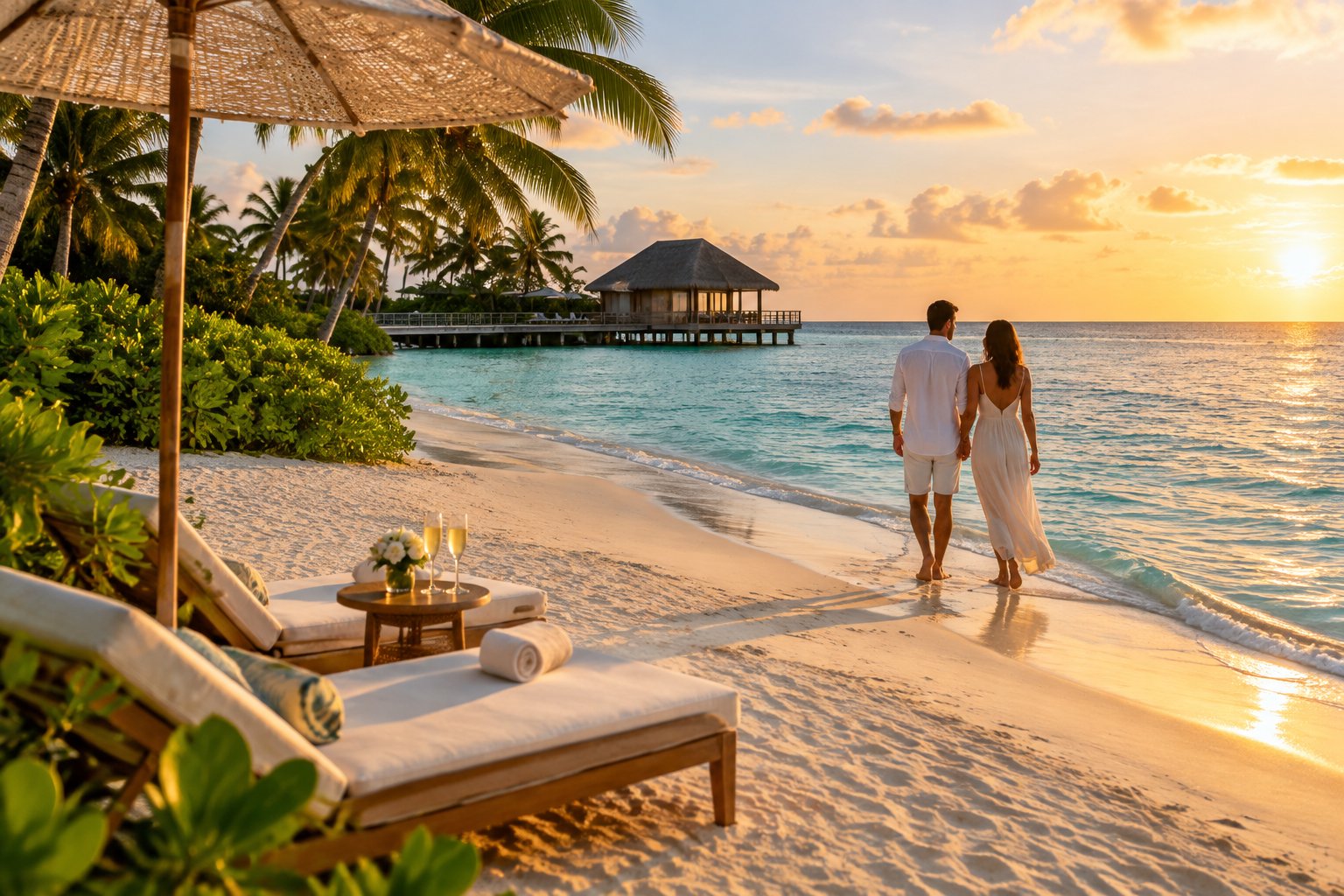 A couple walks along a quiet sandy beach beside a luxurious resort, with lounge chairs, champagne, palm trees, and turquoise water.