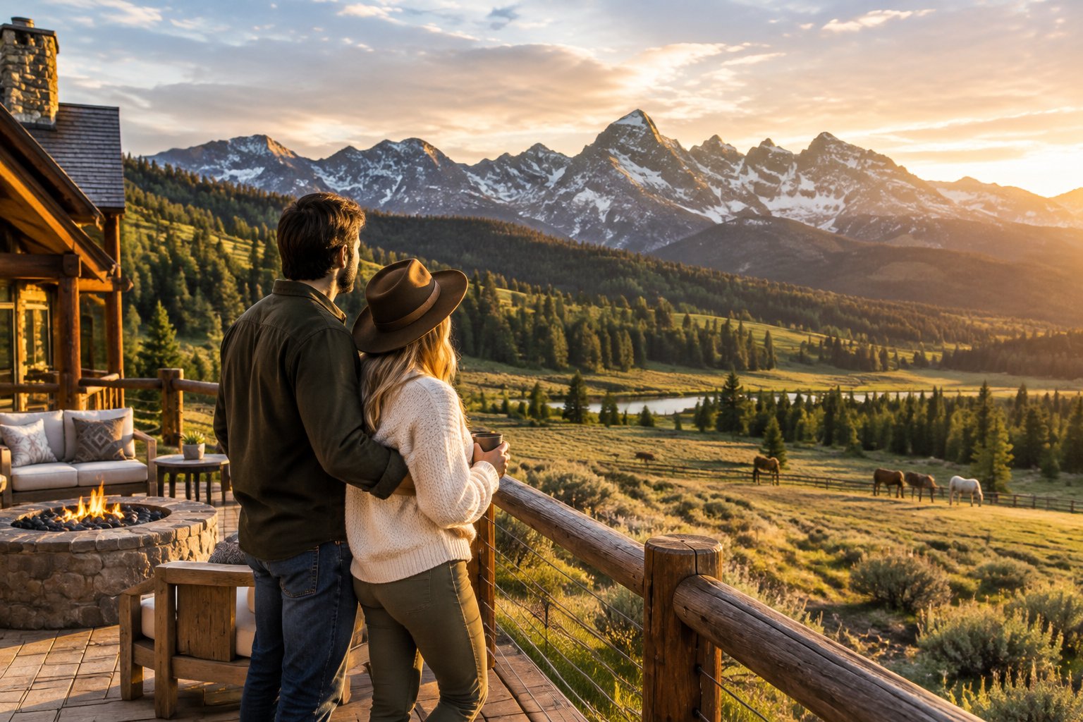 A newlywed couple overlooks mountain scenery from the deck of a secluded ranch lodge.