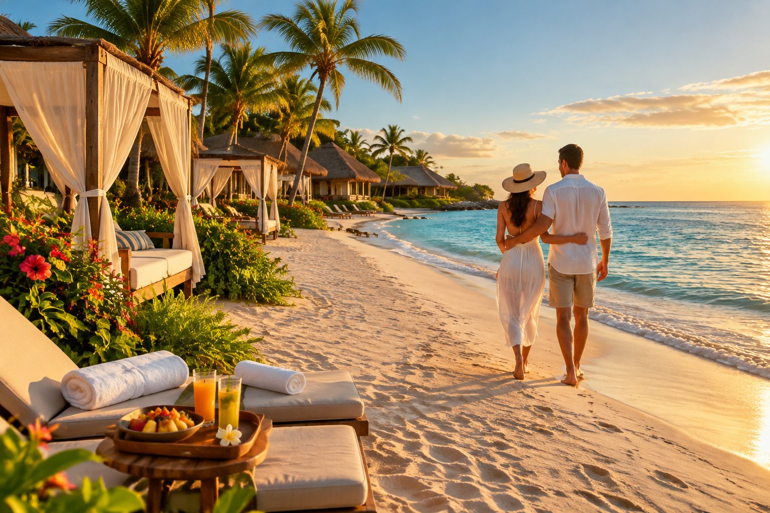 A newlywed couple walks along a tropical beach beside a luxurious all-inclusive resort.