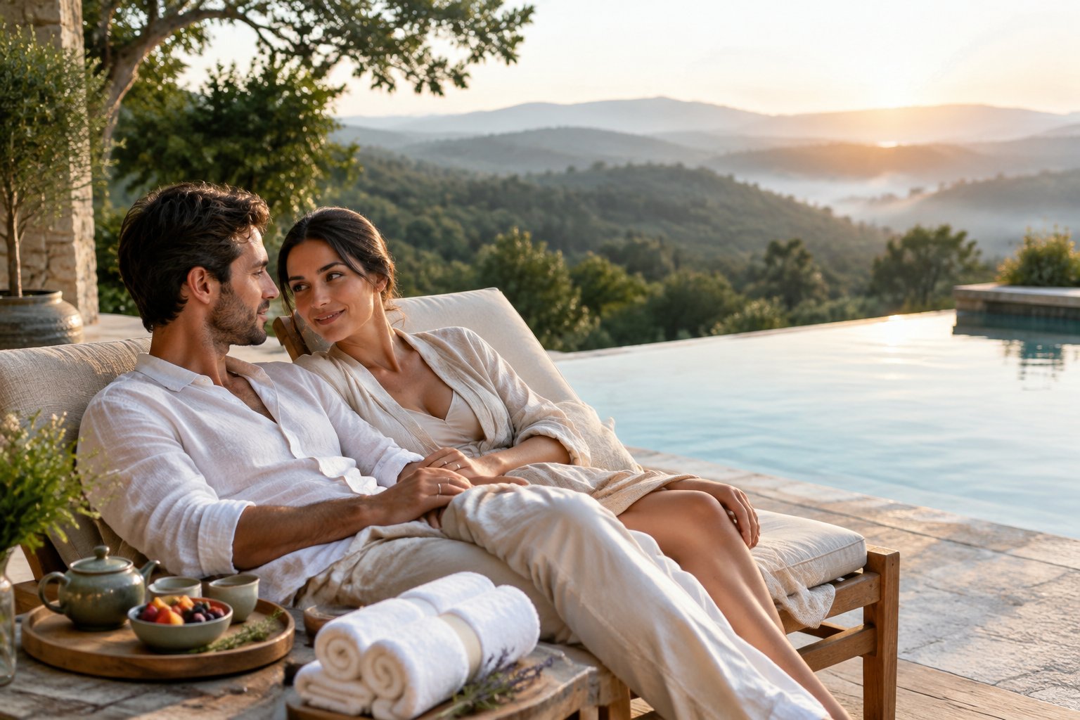 A newlywed couple relaxes beside an infinity pool at a peaceful wellness resort surrounded by forested hills.