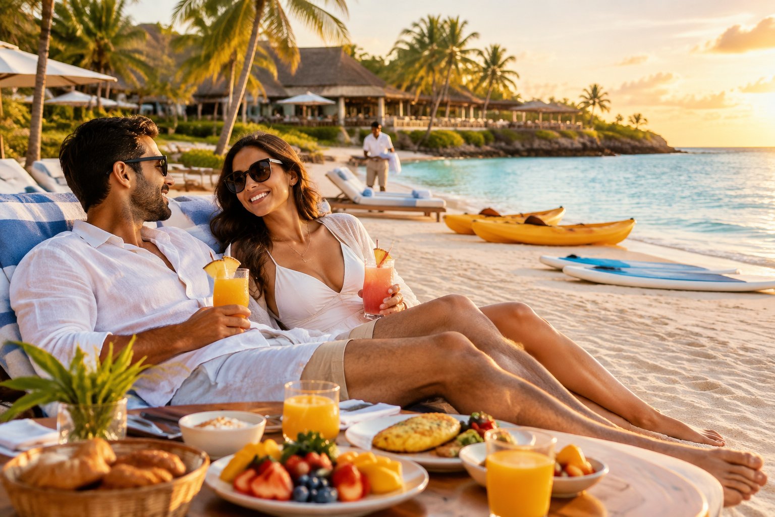 A newlywed couple relaxes on a tropical beach beside an all-inclusive resort with food, drinks, and water activities nearby.