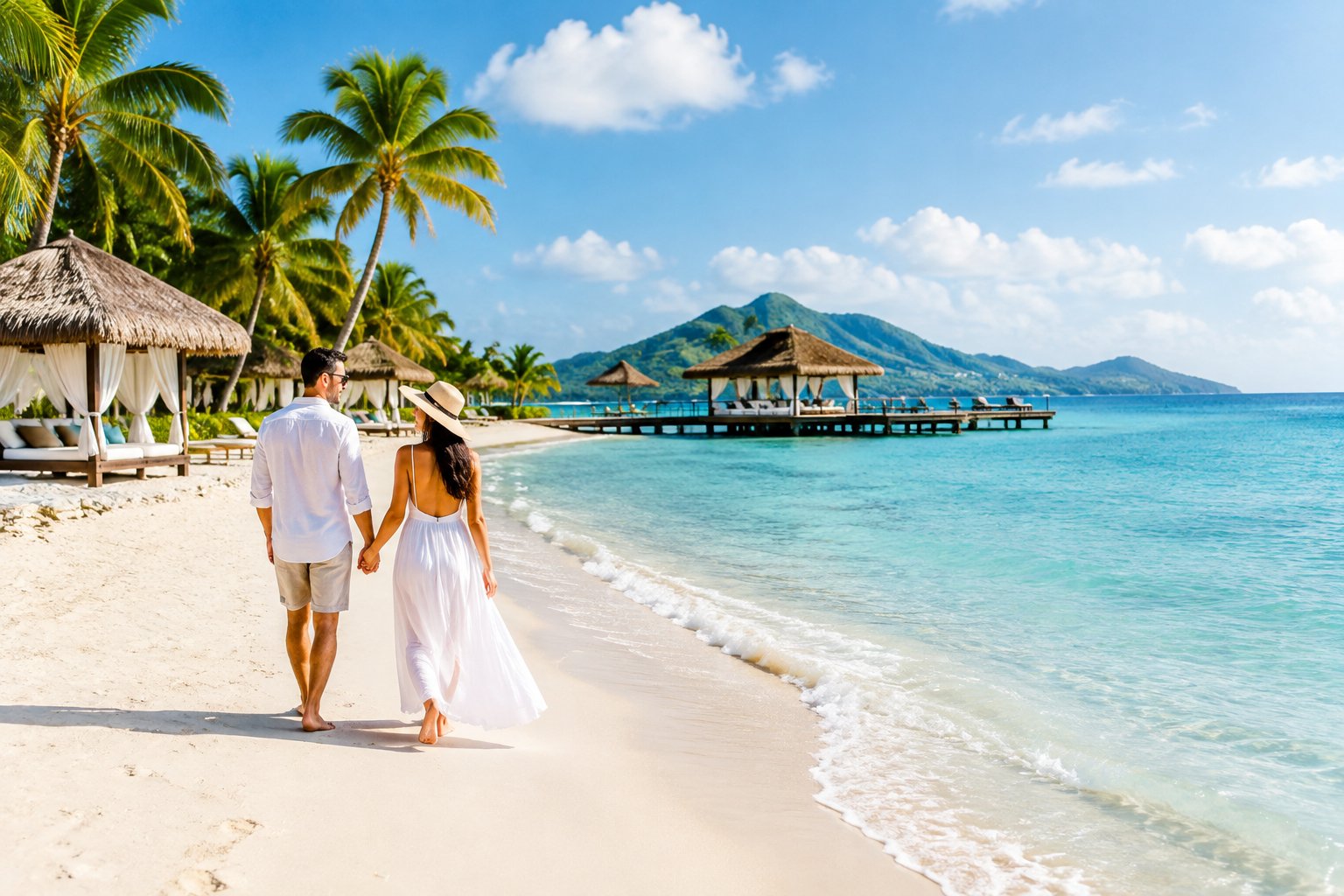 Newlywed couple walking along a tropical Caribbean beach beside a luxury resort.