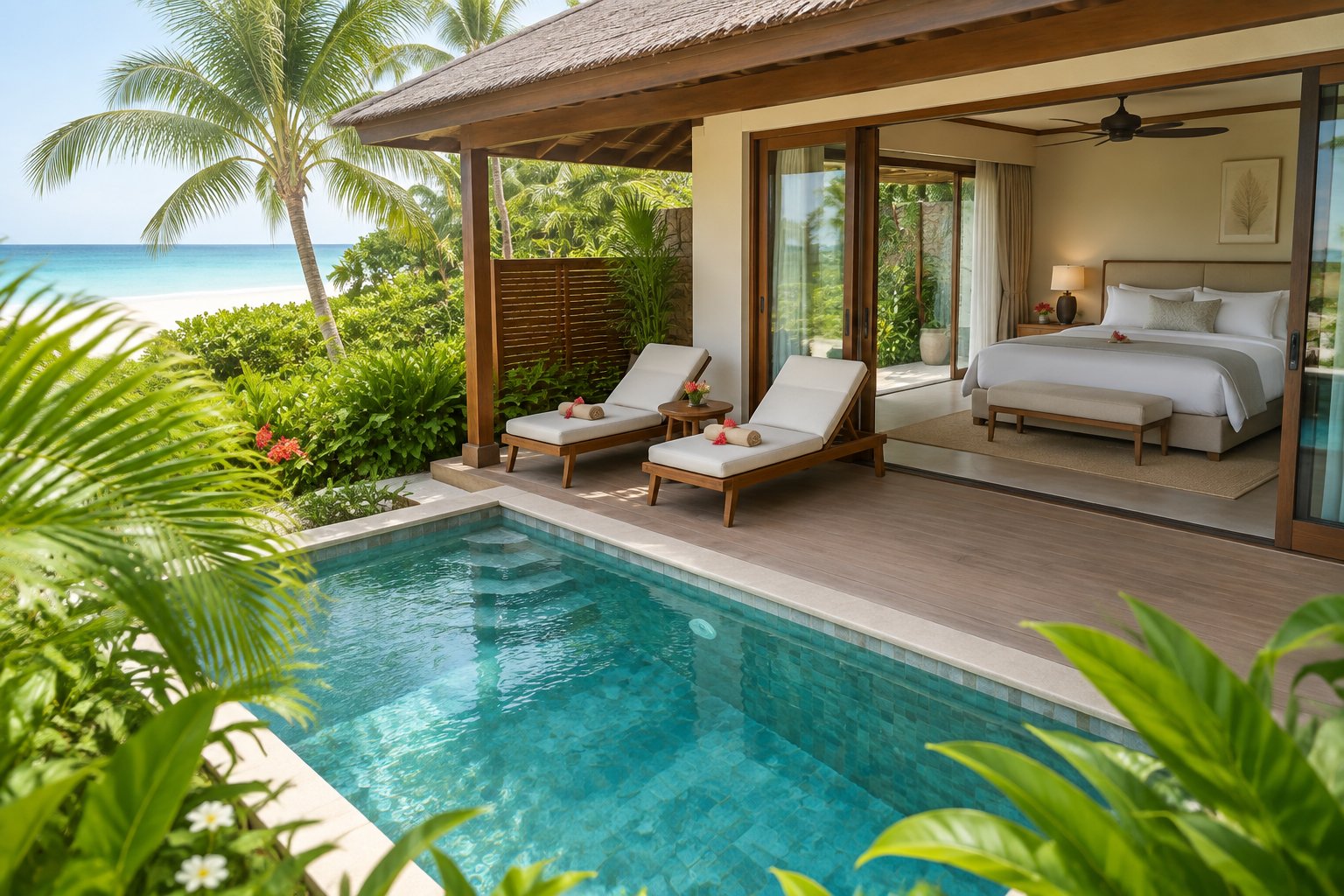 A secluded tropical honeymoon suite with a private pool, lounge terrace, king-size bed, and ocean view.