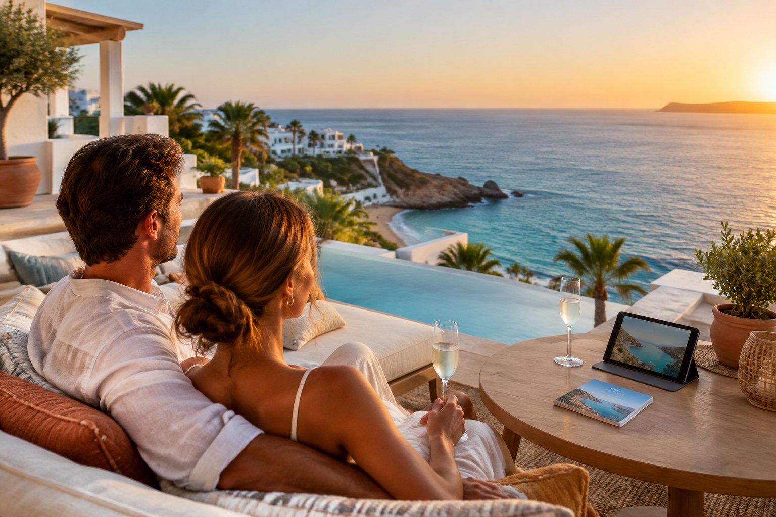 Newlywed couple relaxing on a terrace overlooking a Mediterranean resort and turquoise sea in Spain.