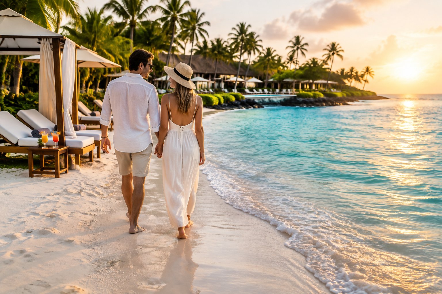 A newlywed couple walks along a tropical beach at a luxury resort during sunset.