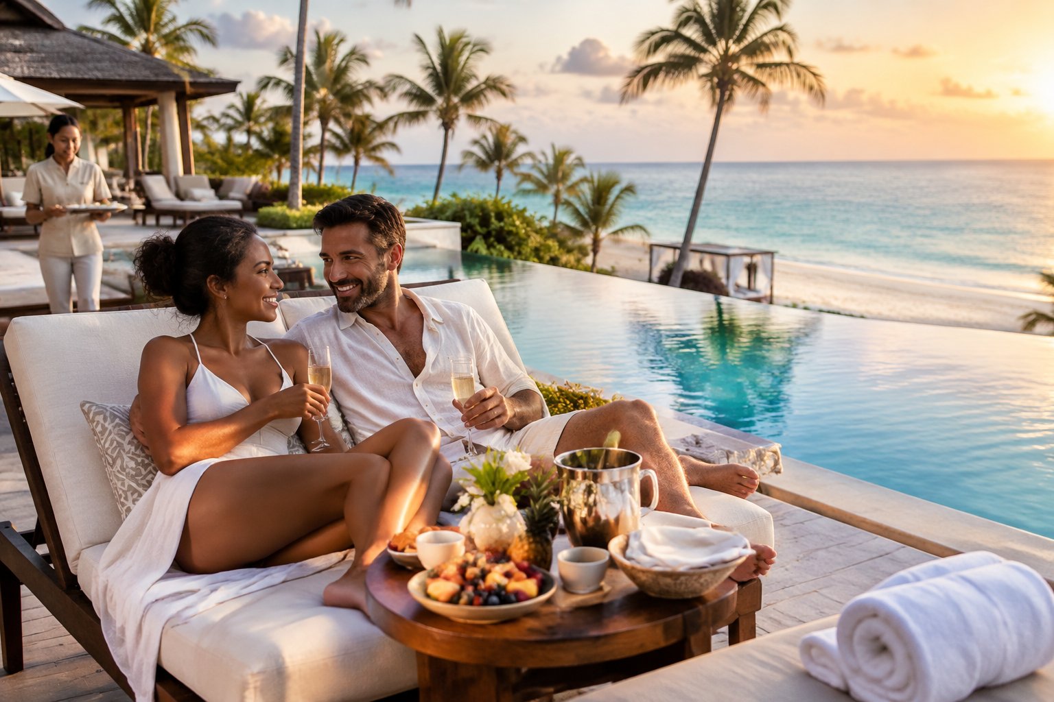 Newlywed couple relaxing at a luxurious tropical resort beside an infinity pool and beach.