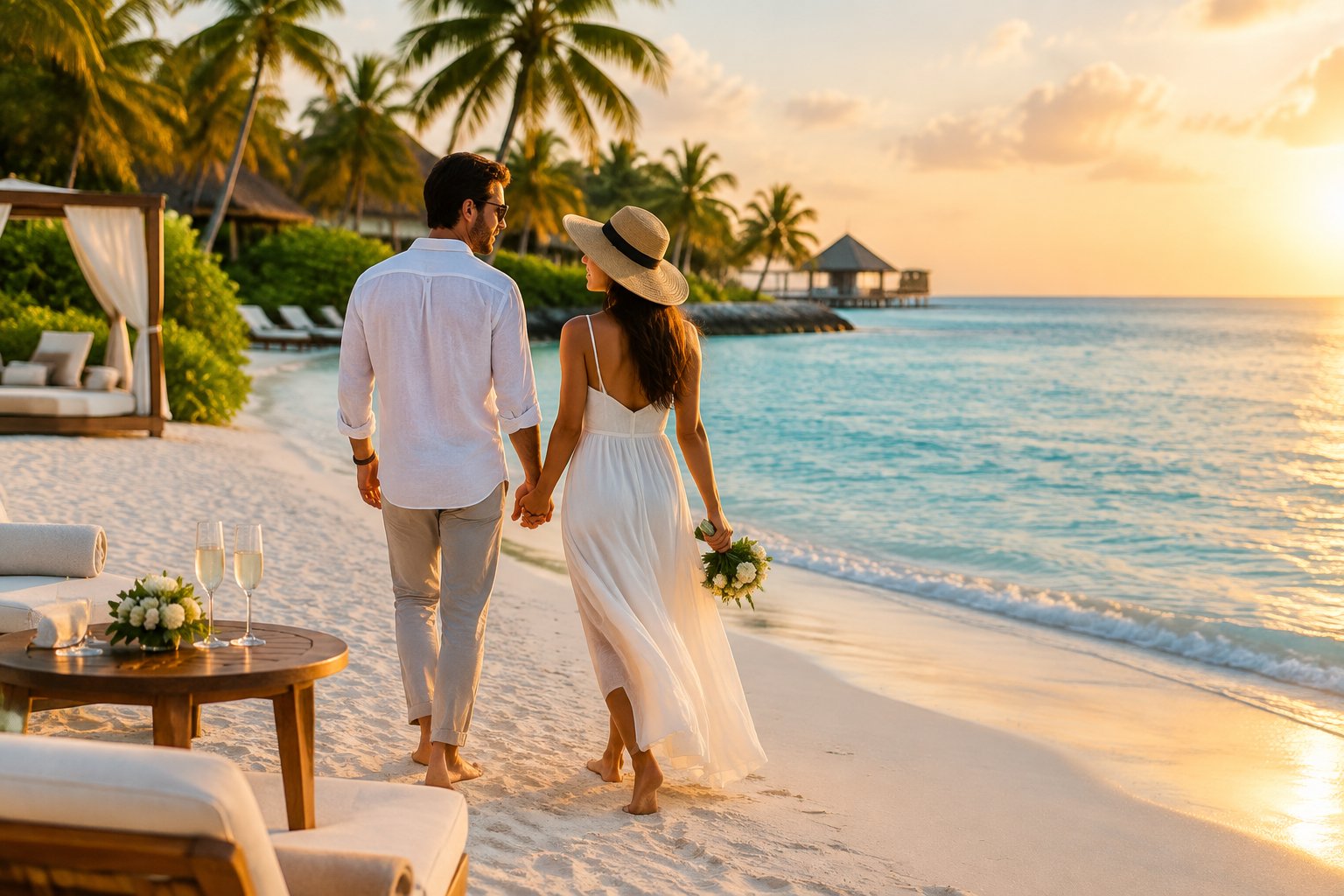 Newlywed couple walking hand in hand along a tropical beach beside a luxury resort.