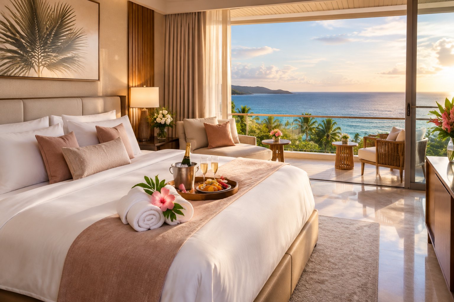 An elegant honeymoon suite with a large bed, romantic amenities, and a tropical ocean view.