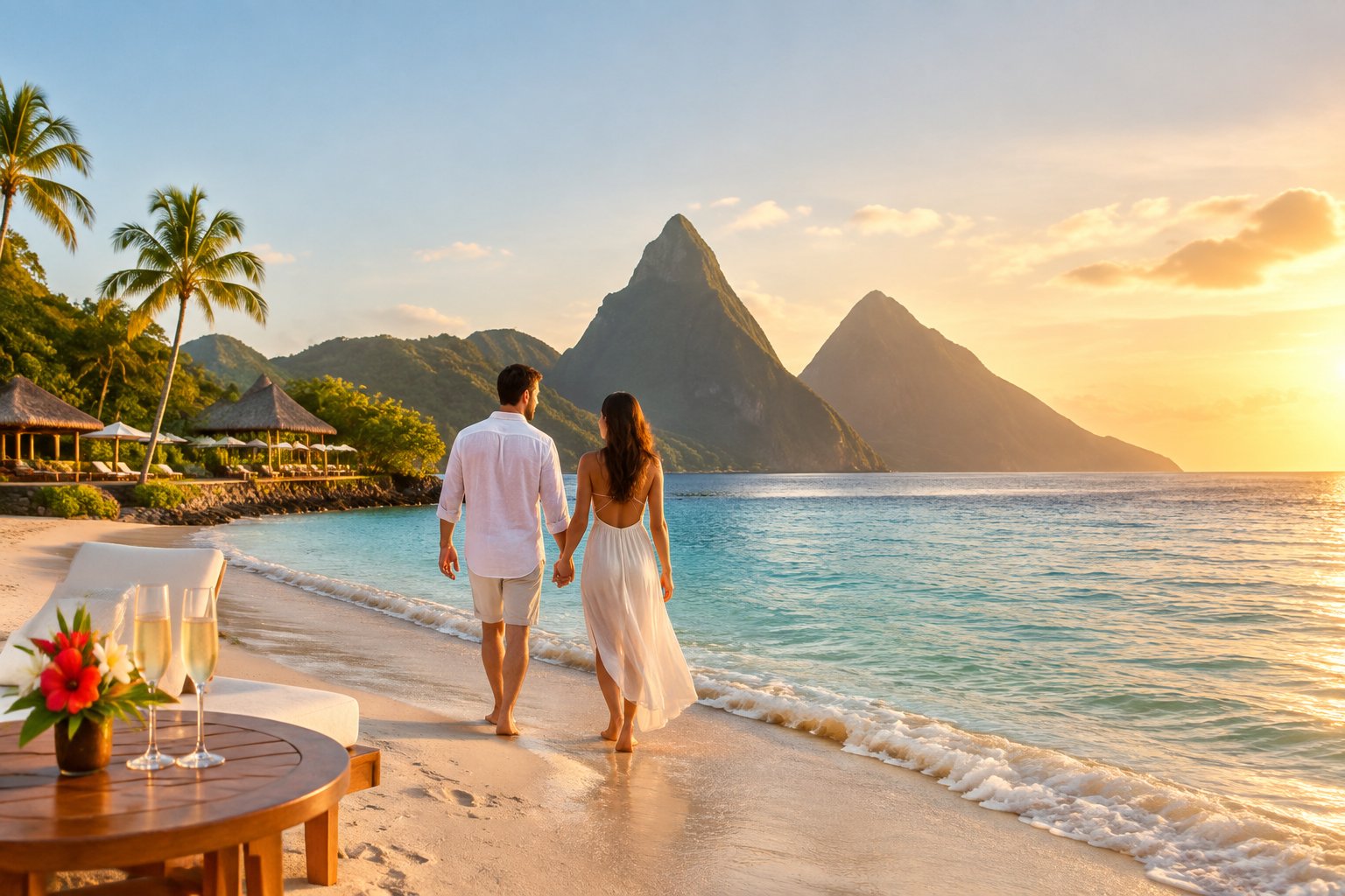 A couple walks along a tropical beach at a luxury resort in Saint Lucia, with the Pitons in the background.
